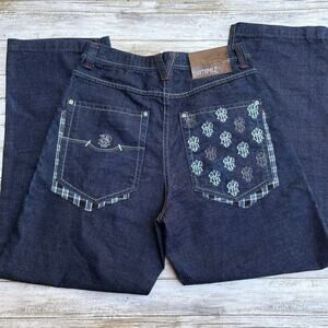 Y2K Southpole Jeans Sz 32 Dark Wash Ramie Embroidered Baggy Wide Leg Skater